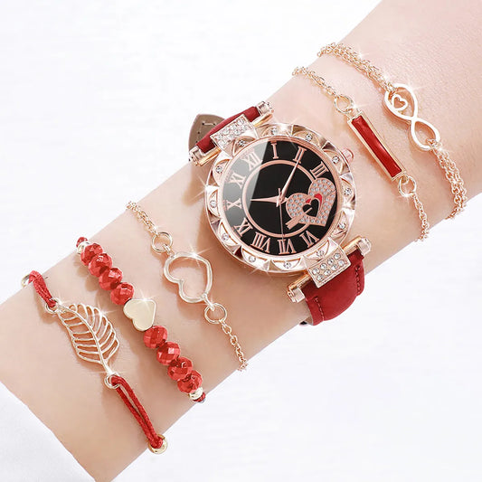 6PCS/Set Women Fashion Watch Roma Heart Dial Leather Band Quartz Watches Leaf Bracelets Set(Without Box)