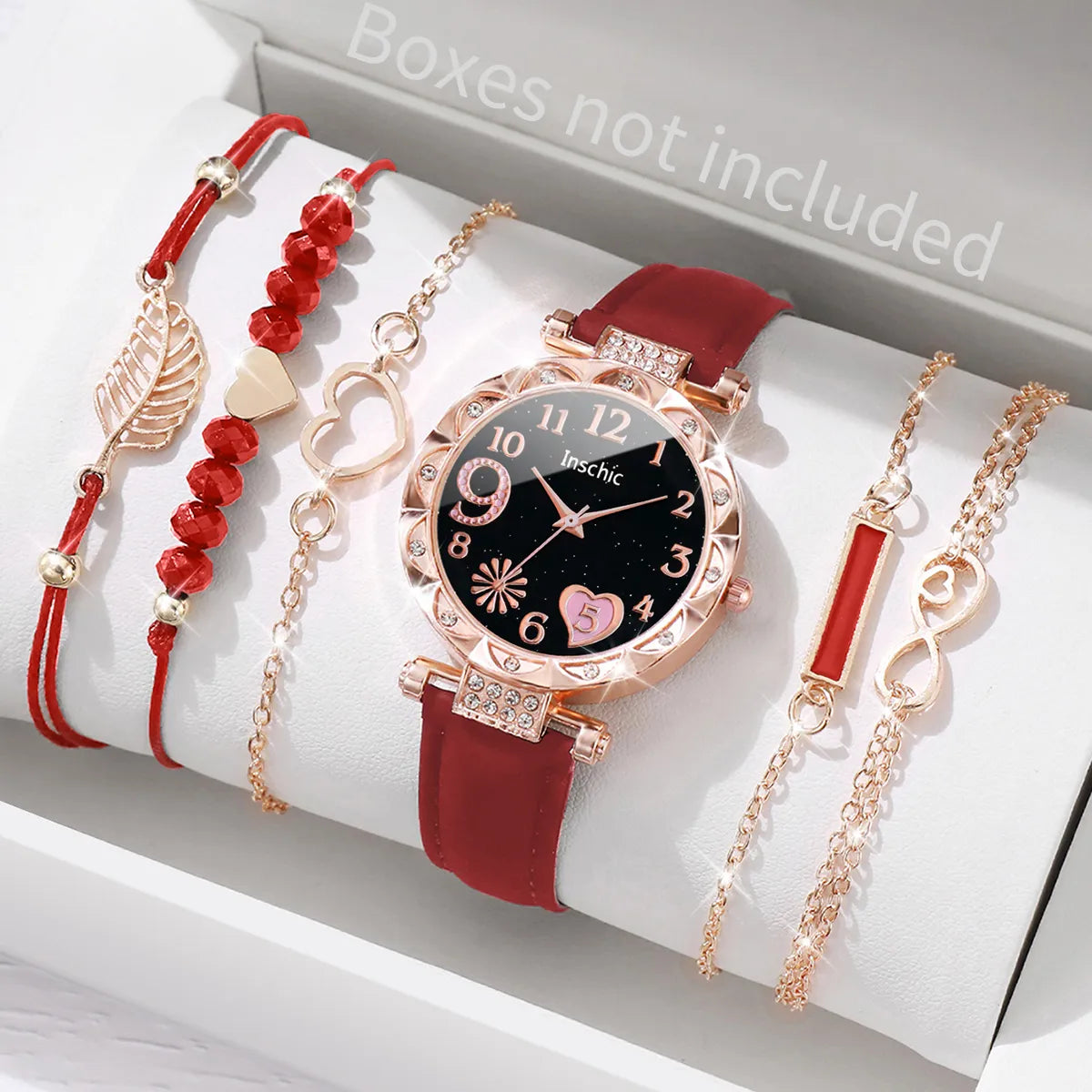 6PCS/Set Women Fashion Watch Roma Heart Dial Leather Band Quartz Watches Leaf Bracelets Set(Without Box)