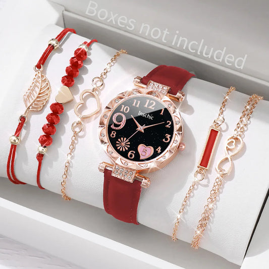 6PCS/Set Women Fashion Watch Roma Heart Dial Leather Band Quartz Watches Leaf Bracelets Set(Without Box)