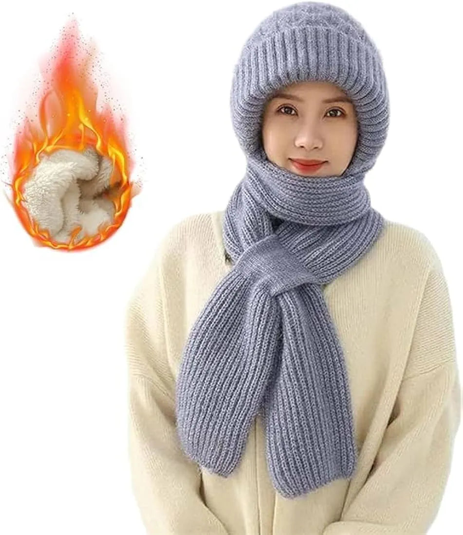 Women Winter Hat Scarf 2 in 1 Fleece Lined Knitted Warm Hats Scarfs Set with Pompom