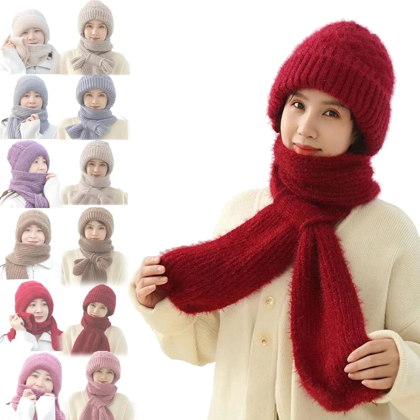Women Winter Hat Scarf 2 in 1 Fleece Lined Knitted Warm Hats Scarfs Set with Pompom