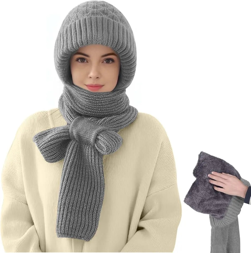 Women Winter Hat Scarf 2 in 1 Fleece Lined Knitted Warm Hats Scarfs Set with Pompom