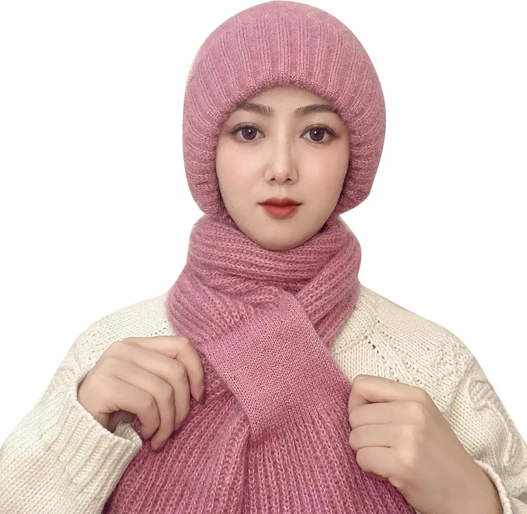 Women Winter Hat Scarf 2 in 1 Fleece Lined Knitted Warm Hats Scarfs Set with Pompom